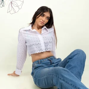 Embroidered Scallop Hem Cropped Shirt