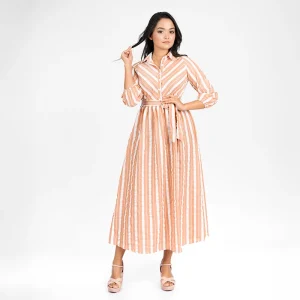 Striped Belted Shirt Midi Dress