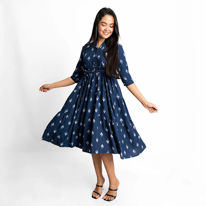 Paisley Button-Front Midi Dress D blue