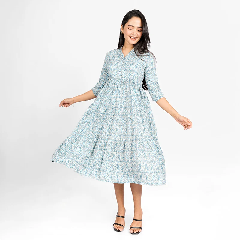 Paisley Button-Front Midi Dress L blue