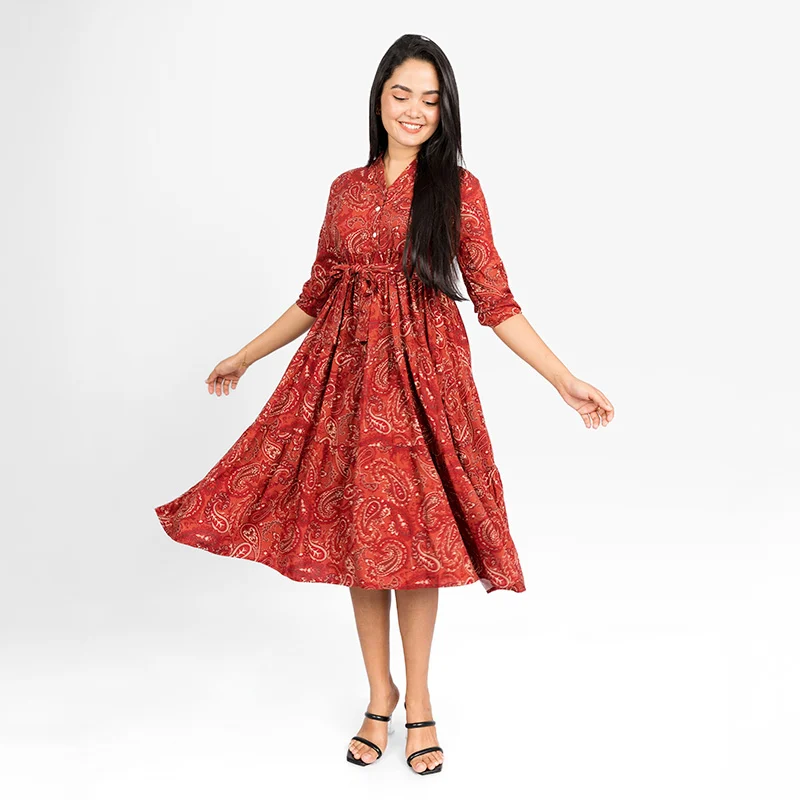 Paisley Button-Front Midi Dress red