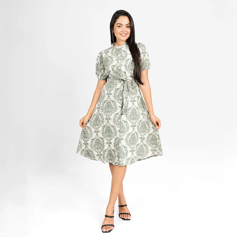 Vintage Bloom Puff Sleeve Midi Dress green