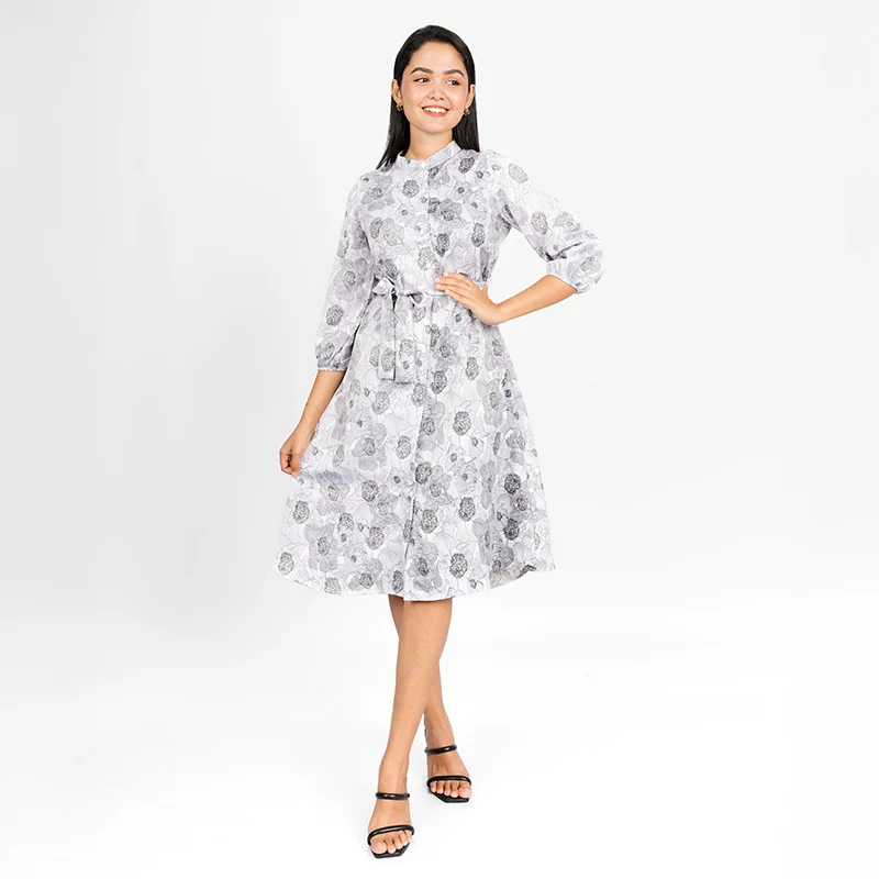 Graceful Blossom Belted Shirt Dress black