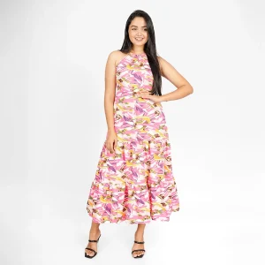 Tropical Tiered Halter Midi Dress