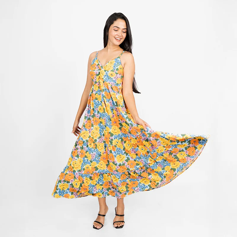 Whimsical Floral Tiered Maxi Dress yellow