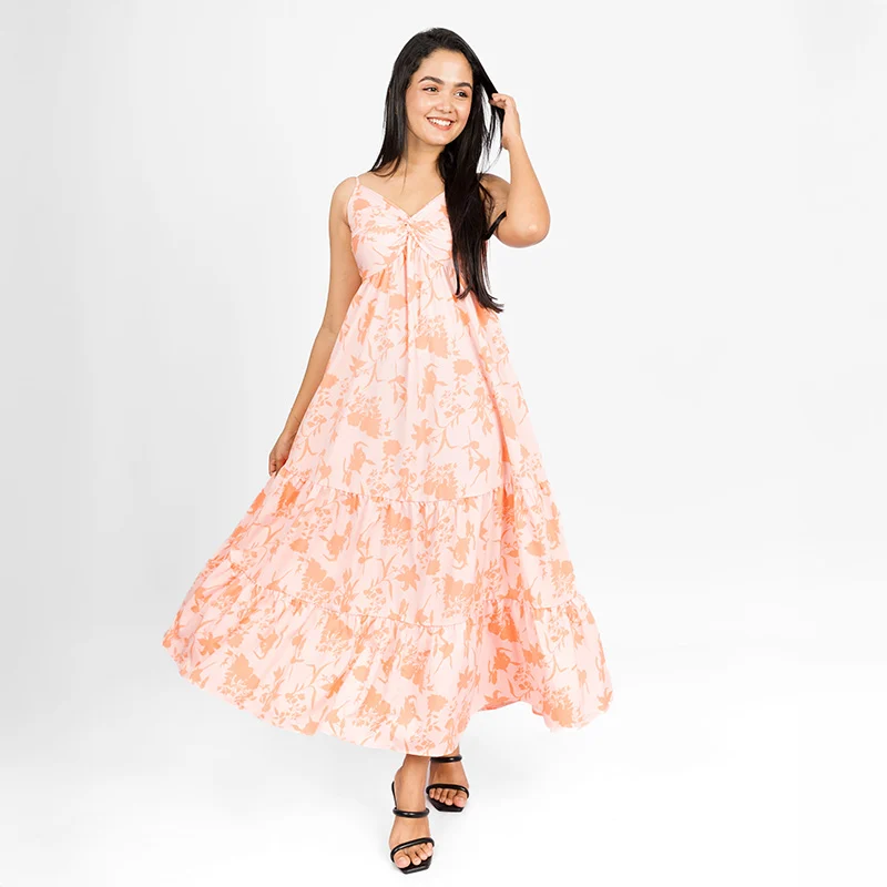 Whimsical Floral Tiered Maxi Dress peach