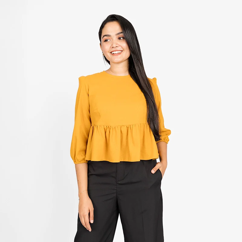 Chic Flounce Hem Linen Blouse yellow