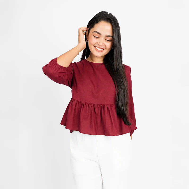 Chic Flounce Hem Linen Blouse red